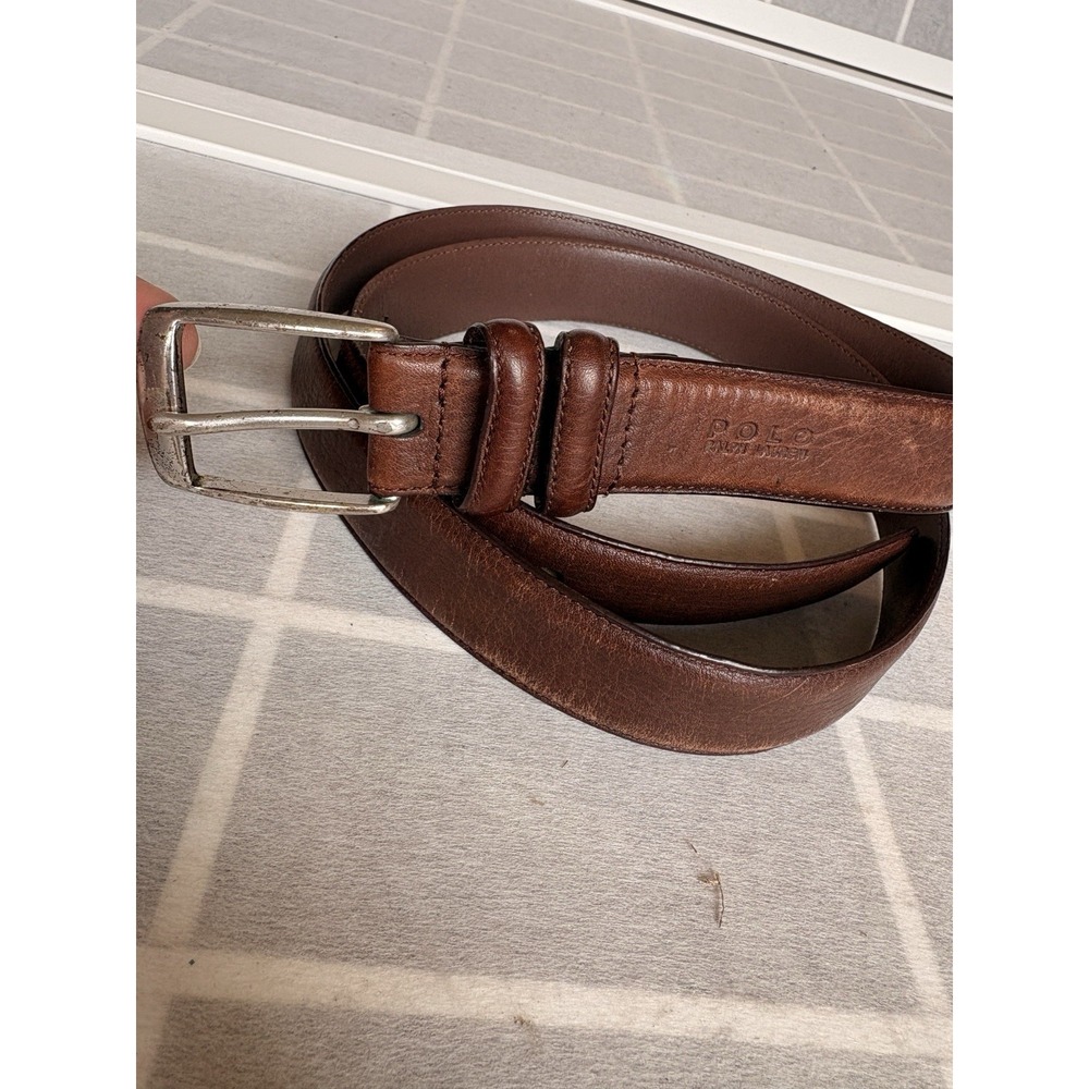 Polo Ralph Lauren Brown Leather Belt Logo Silver 100% Brass Buckle Size 38